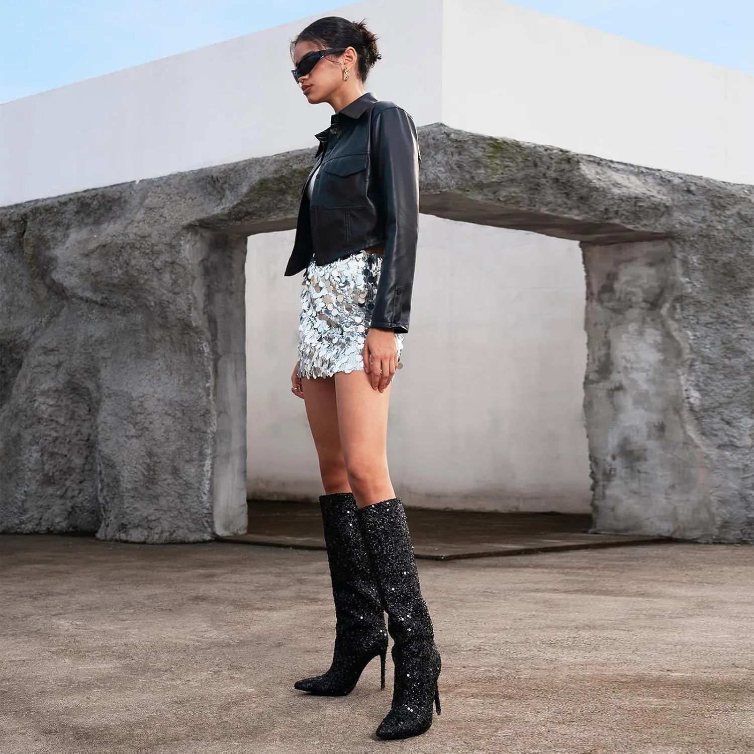 wetkiss Sequins Knee High Boots Women Pointed Toe Stiletto Heel Bling Long Tall Sparkly Boots Not for Bigger Wide Calf