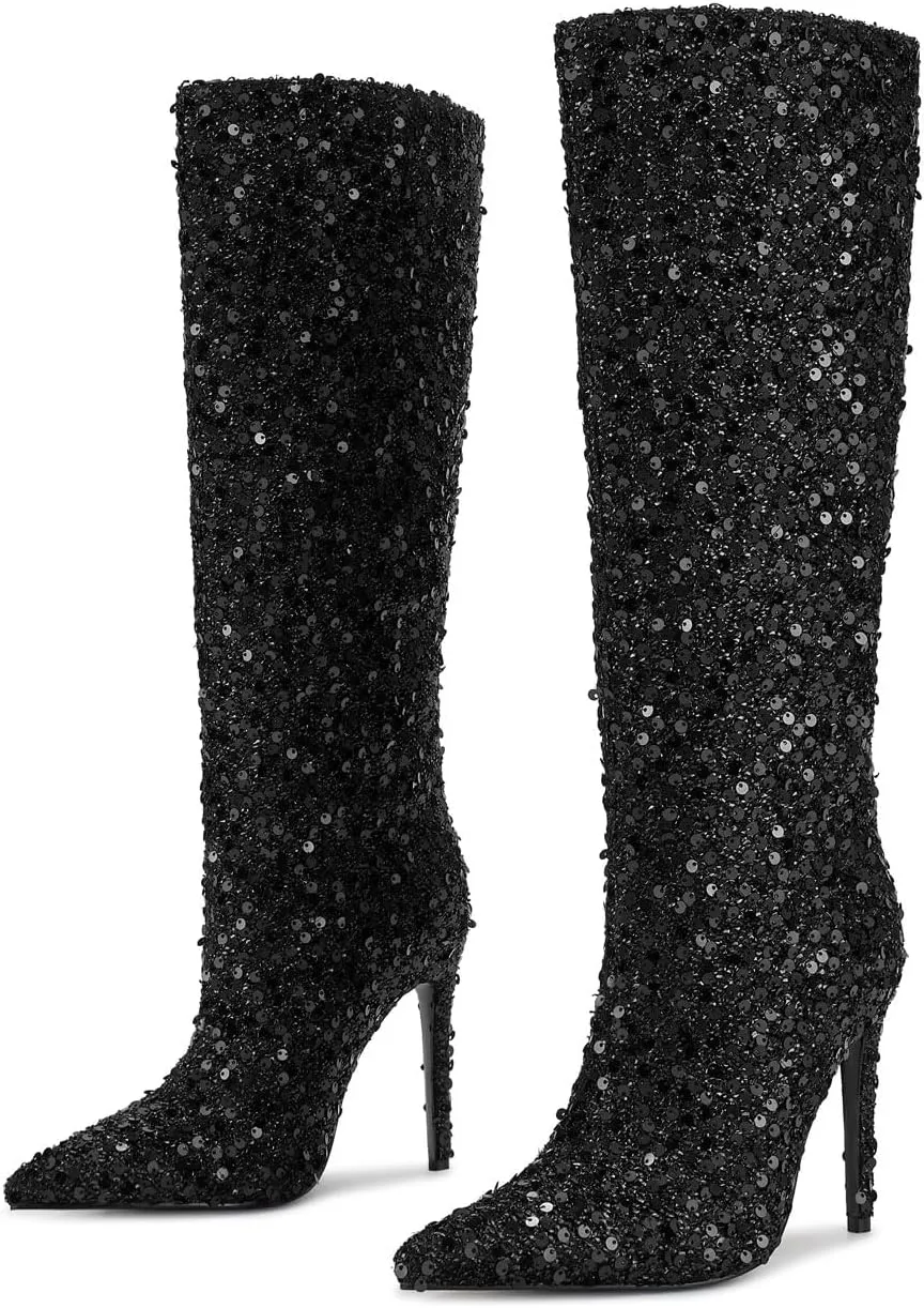 wetkiss Sequins Knee High Boots Women Pointed Toe Stiletto Heel Bling Long Tall Sparkly Boots Not for Bigger Wide Calf