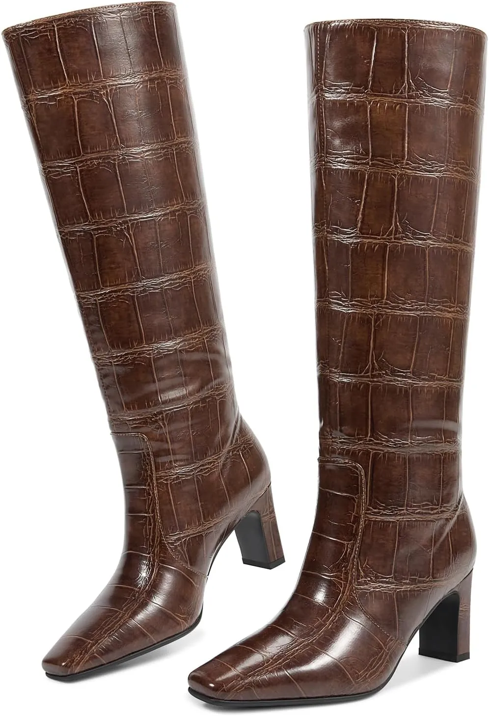 wetkiss Straight Leg Knee High Boots for Women Regular Calf Friendly Square Toe Faux Leather Crocodile Print Mid Heel Comfortable Boots
