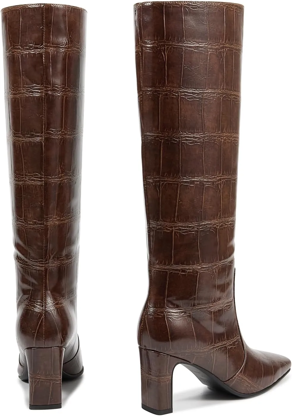 wetkiss Straight Leg Knee High Boots for Women Regular Calf Friendly Square Toe Faux Leather Crocodile Print Mid Heel Comfortable Boots