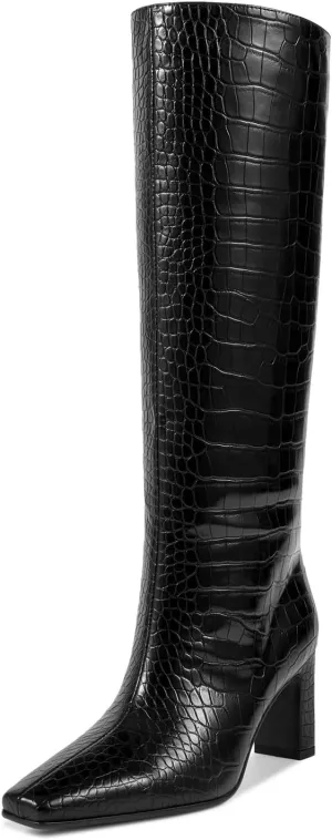 wetkiss Straight Leg Knee High Boots for Women Regular Calf Friendly Square Toe Faux Leather Crocodile Print Mid Heel Comfortable Boots