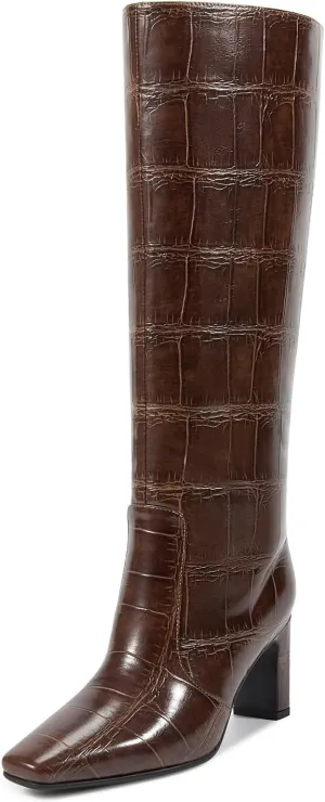 wetkiss Straight Leg Knee High Boots for Women Regular Calf Friendly Square Toe Faux Leather Crocodile Print Mid Heel Comfortable Boots