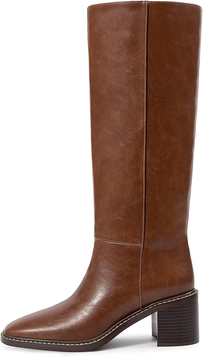 wetkiss Womens Knee High Boots Tall Riding Boots with Block Chunky Heel Almond Round Toe and Low Platform Pull on Winter Fall Fashion Long Boots