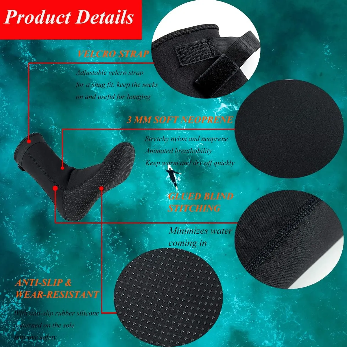 Wetsuit Socks 3mm Neoprene Diving Socks Thermal Anti-Slip Scuba Socks Water Booties for Swimming Water Sports