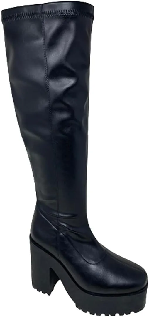 Wild Diva Women Knee High Chunky Block Heel Platform Square Toe Fashion Boots