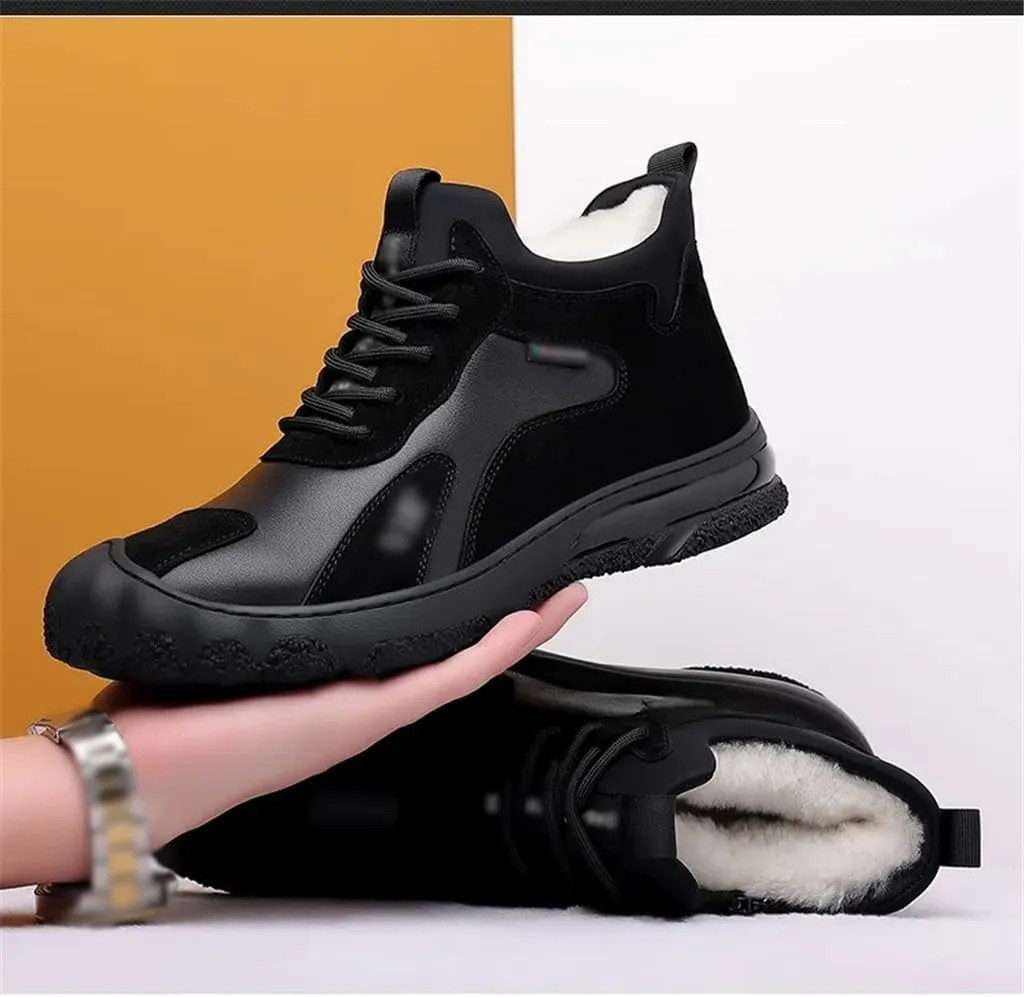 Winter Warm Leather Shoes Men's Cotton Shoes High Top Plus Fleece Sneakers Casual Woolen Leather Boots Men(42 Code)