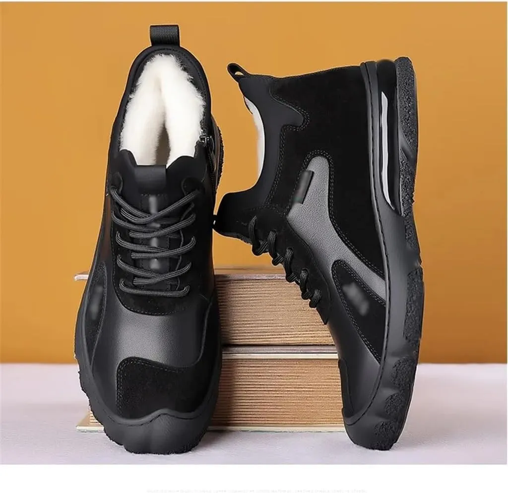 Winter Warm Leather Shoes Men's Cotton Shoes High Top Plus Fleece Sneakers Casual Woolen Leather Boots Men(42 Code)