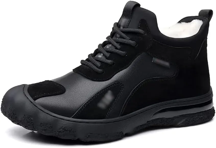 Winter Warm Leather Shoes Men's Cotton Shoes High Top Plus Fleece Sneakers Casual Woolen Leather Boots Men(42 Code)
