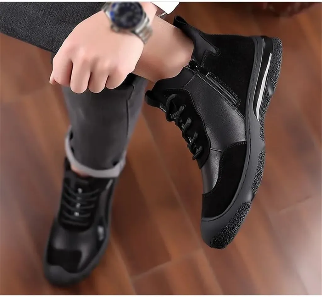 Winter Warm Leather Shoes Men's Cotton Shoes High Top Plus Fleece Sneakers Casual Woolen Leather Boots Men(42 Code)