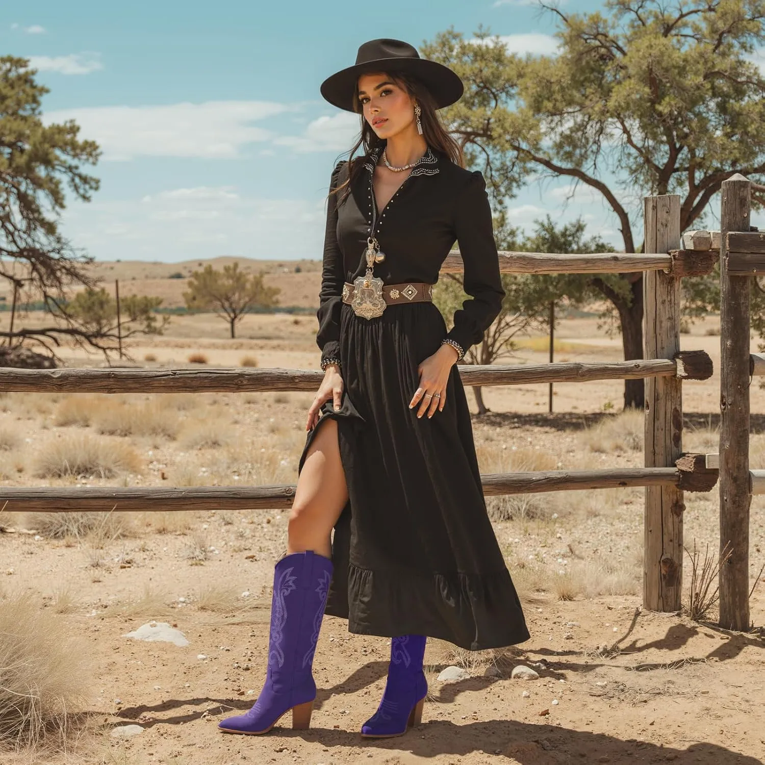 WIRALOMI Women Western Knee High Boots Embroidered Chunky Block Heel Cowboy Boots Pointed Toe Pull on Cowgirl Boots