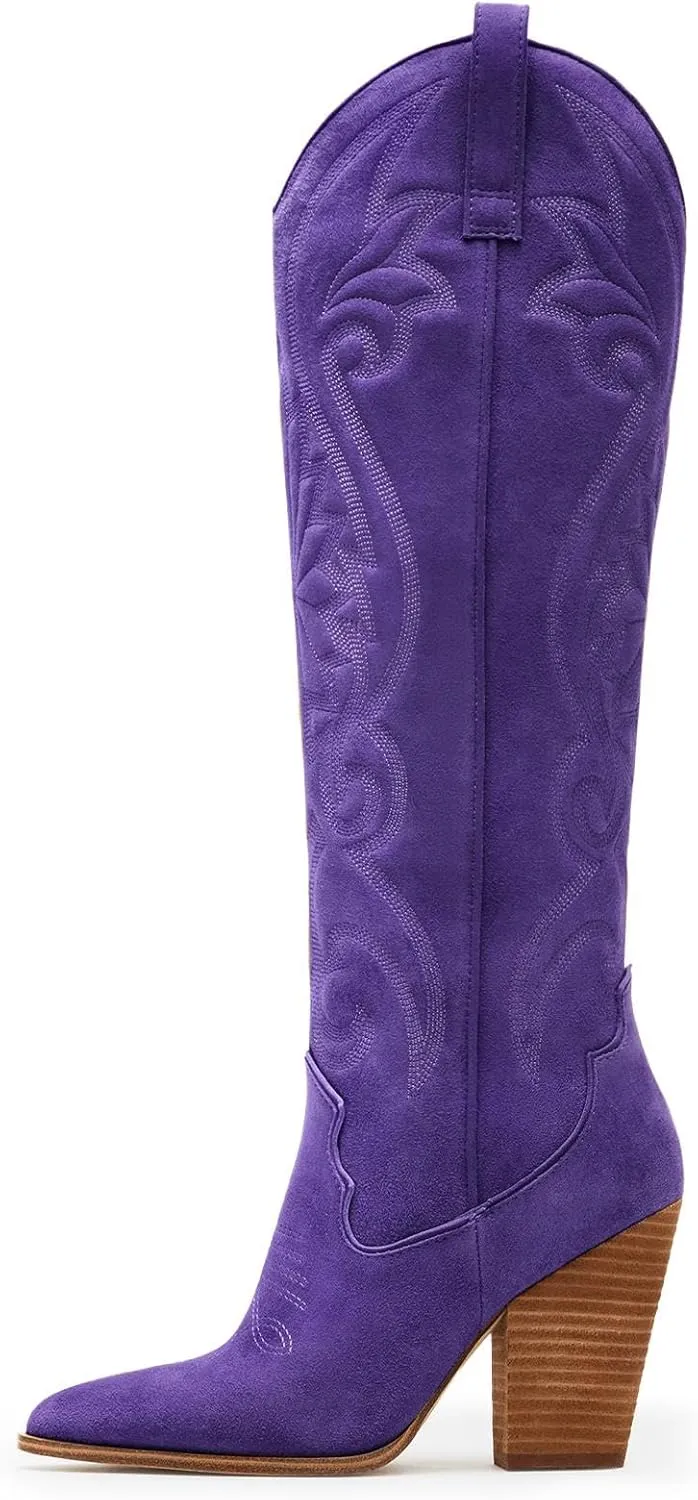 WIRALOMI Women Western Knee High Boots Embroidered Chunky Block Heel Cowboy Boots Pointed Toe Pull on Cowgirl Boots