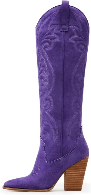 WIRALOMI Women Western Knee High Boots Embroidered Chunky Block Heel Cowboy Boots Pointed Toe Pull on Cowgirl Boots