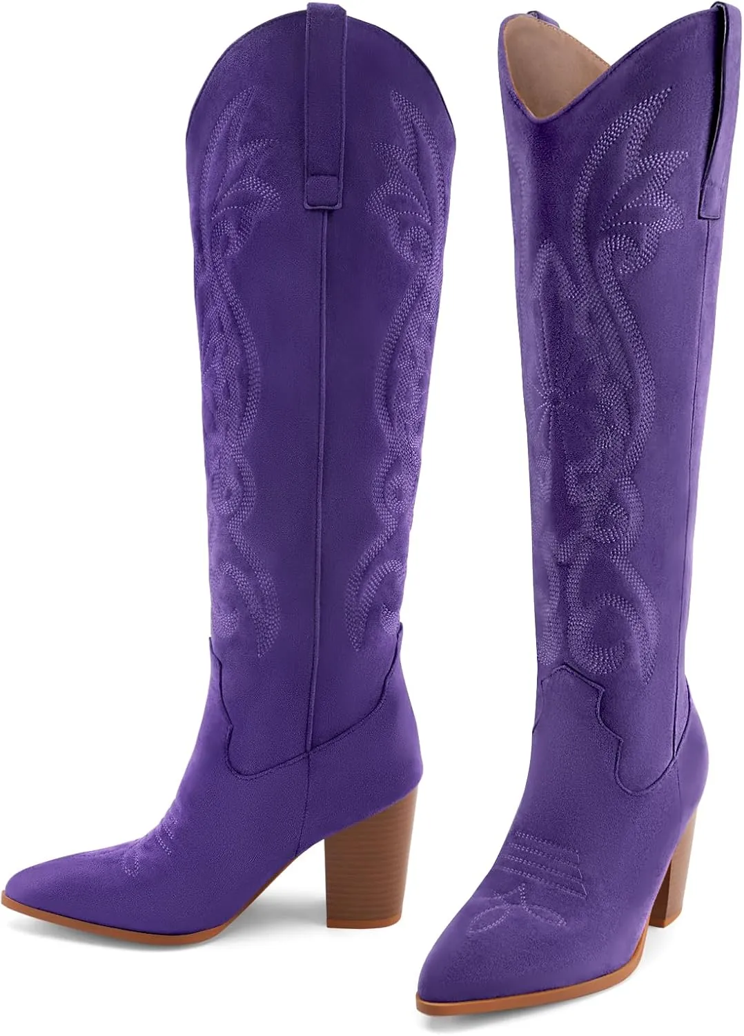 WIRALOMI Women Western Knee High Boots Embroidered Chunky Block Heel Cowboy Boots Pointed Toe Pull on Cowgirl Boots