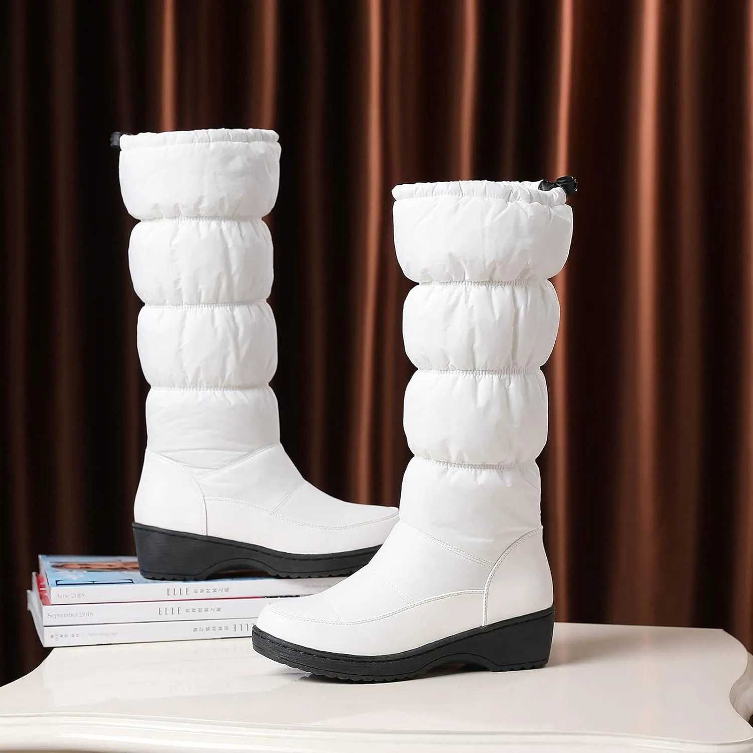 wodceeke Women's Fold Down Knee High Boots Fur Lined Platform Winter Snow Boots Outdoor Waterproof Boots