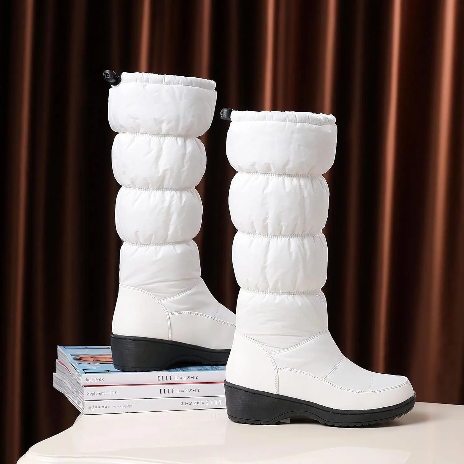 wodceeke Women's Fold Down Knee High Boots Fur Lined Platform Winter Snow Boots Outdoor Waterproof Boots