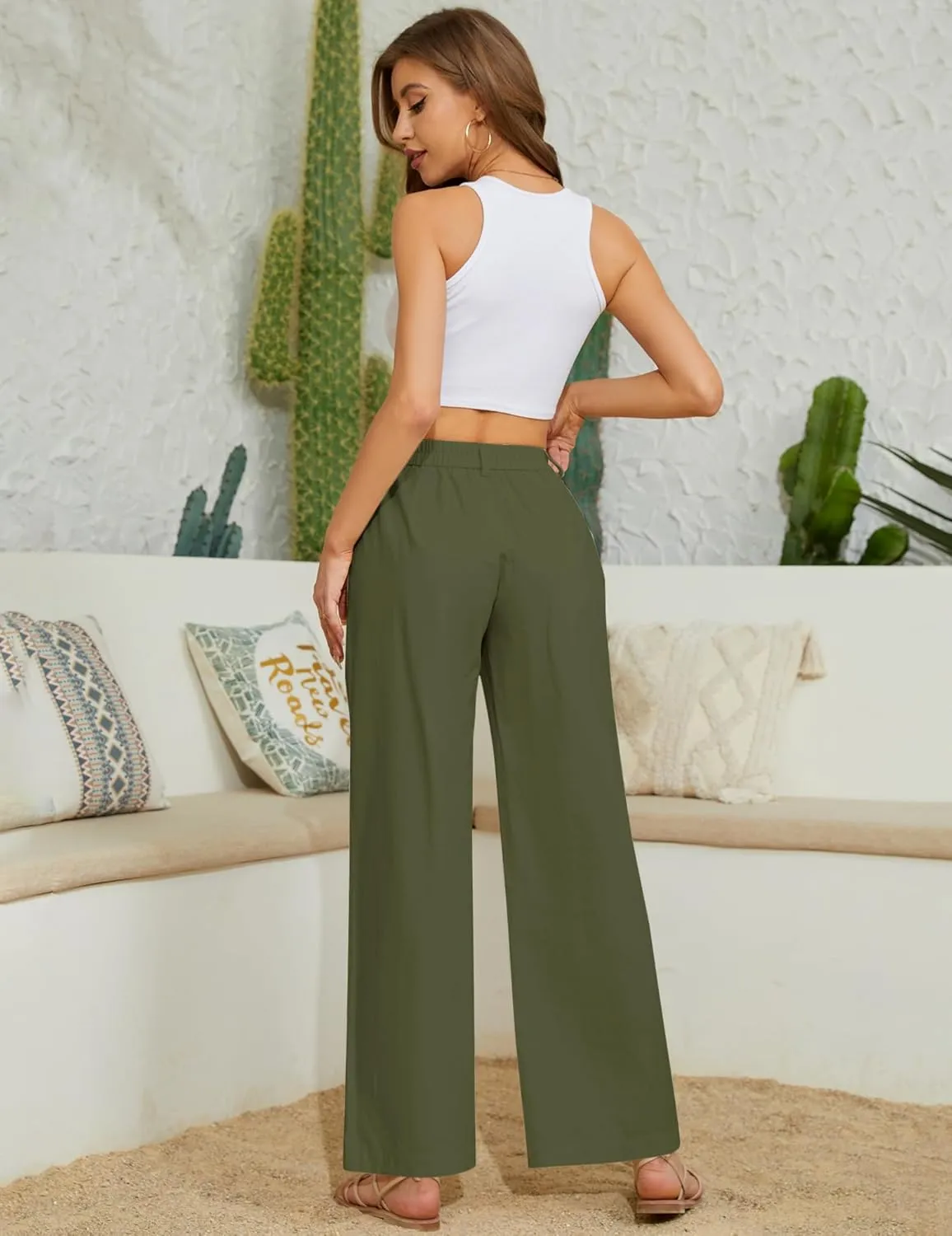 Women Casual Baggy Pants Wide Leg Elastic Waist Comfy Long Trendy Lounge Trousers with Pockets