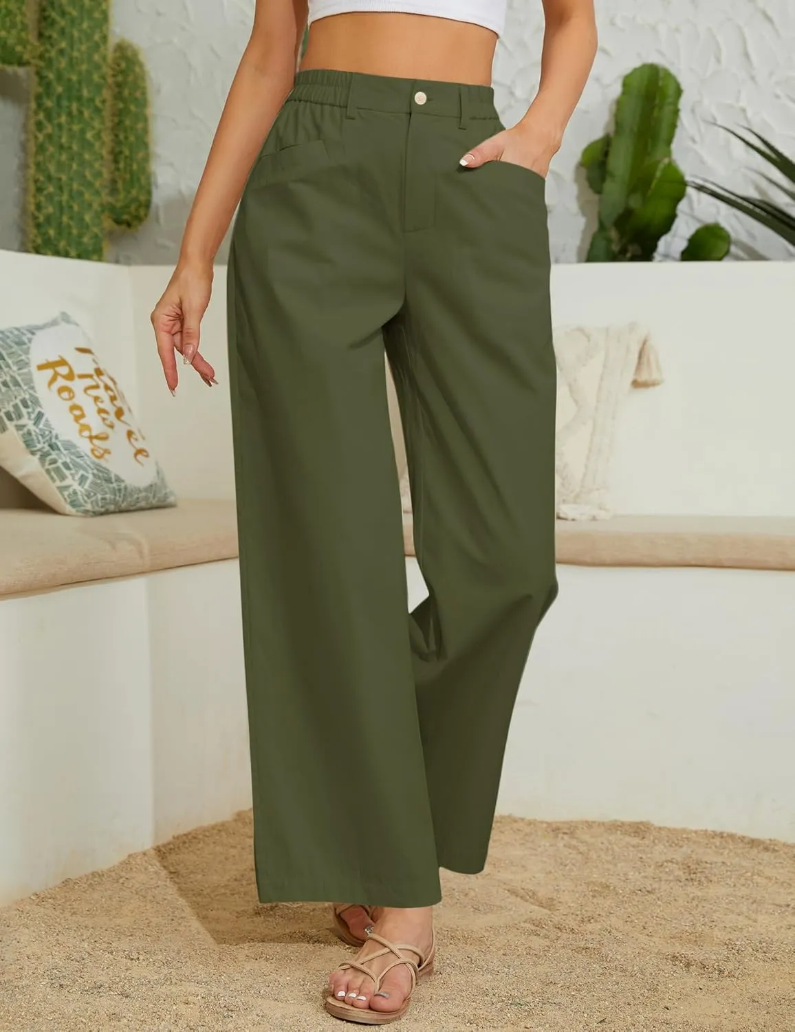 Women Casual Baggy Pants Wide Leg Elastic Waist Comfy Long Trendy Lounge Trousers with Pockets