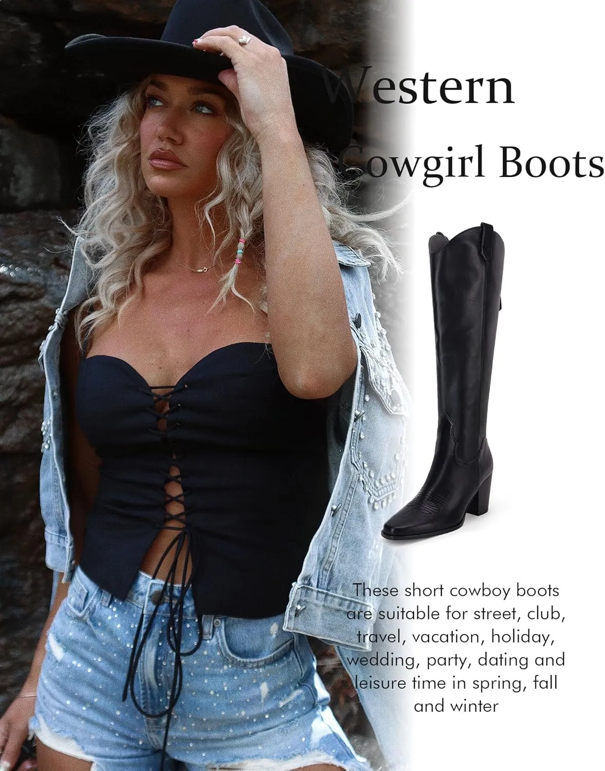 Women Cowboy Knee High Boots Chunky Block Heel Square Toe Tall Riding Boots