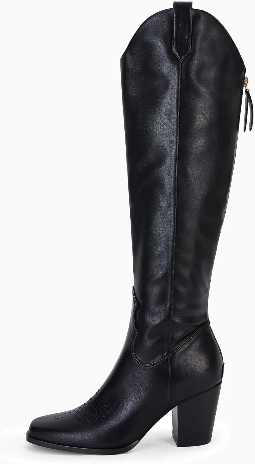 Women Cowboy Knee High Boots Chunky Block Heel Square Toe Tall Riding Boots
