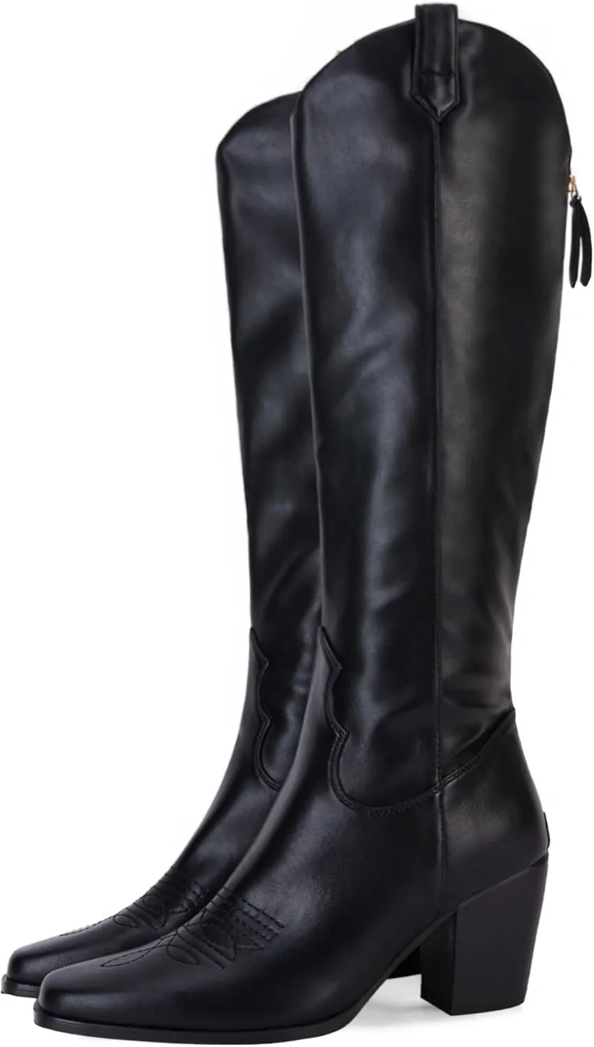 Women Cowboy Knee High Boots Chunky Block Heel Square Toe Tall Riding Boots