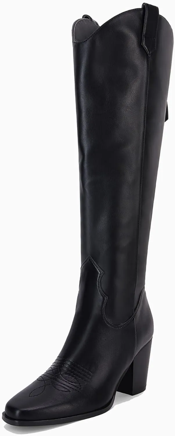 Women Cowboy Knee High Boots Chunky Block Heel Square Toe Tall Riding Boots