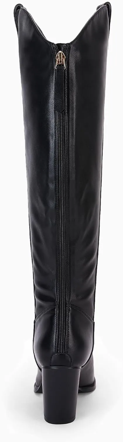 Women Cowboy Knee High Boots Chunky Block Heel Square Toe Tall Riding Boots