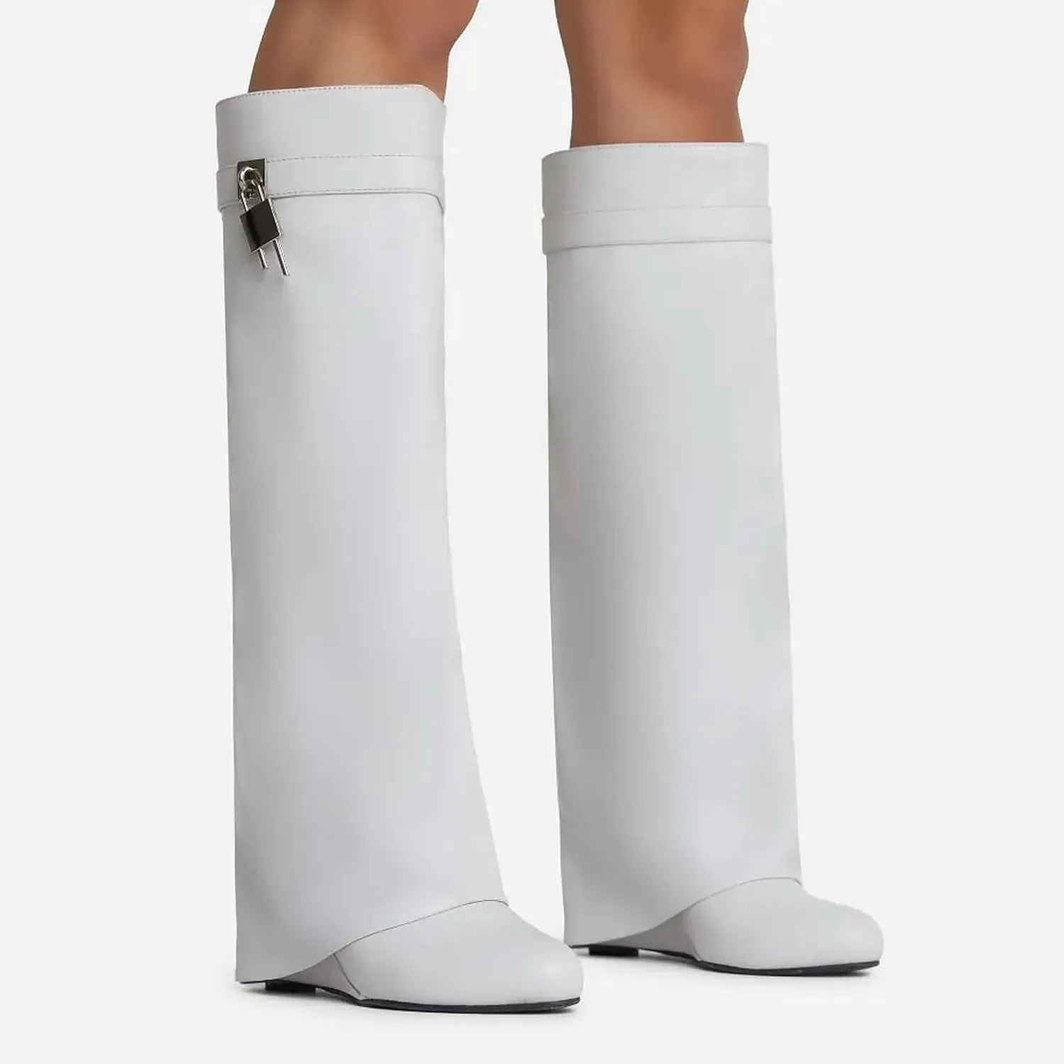 Women Fold Over Wedge Boots Padlock Knee High Fashion Pull On Boots