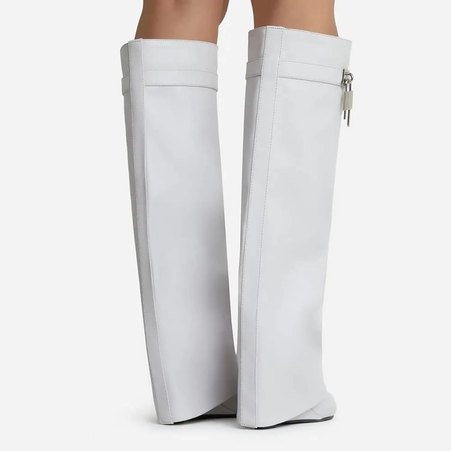 Women Fold Over Wedge Boots Padlock Knee High Fashion Pull On Boots