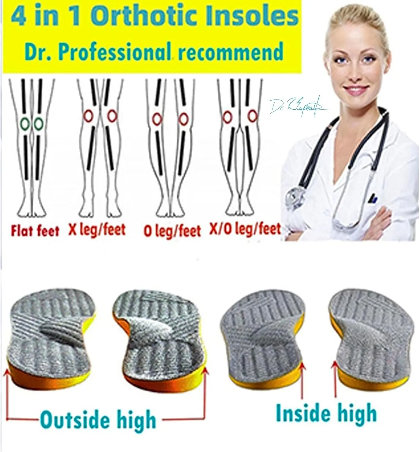 Women Men Posture Correcting Orthotic Insoles 4 in 1 Gel Insoles Flat feet Arch Support Orthopedic overpronation Supination Plantar Fasciitis Metatarsalgia X/O Valgus Varus Shoe Inserts