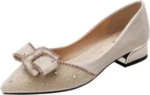 Women Rhinestone Pointed Toe Dress Shoes Slip On Glitter Fashion Low Chunky Heel Party Wedding Pumps