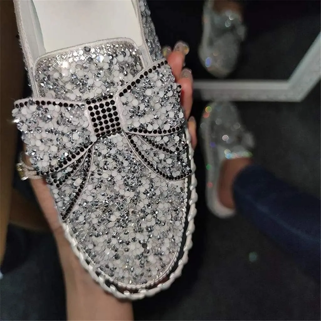 Women Shining Rhinestone Slip-on Loafers with Cute Bowknot