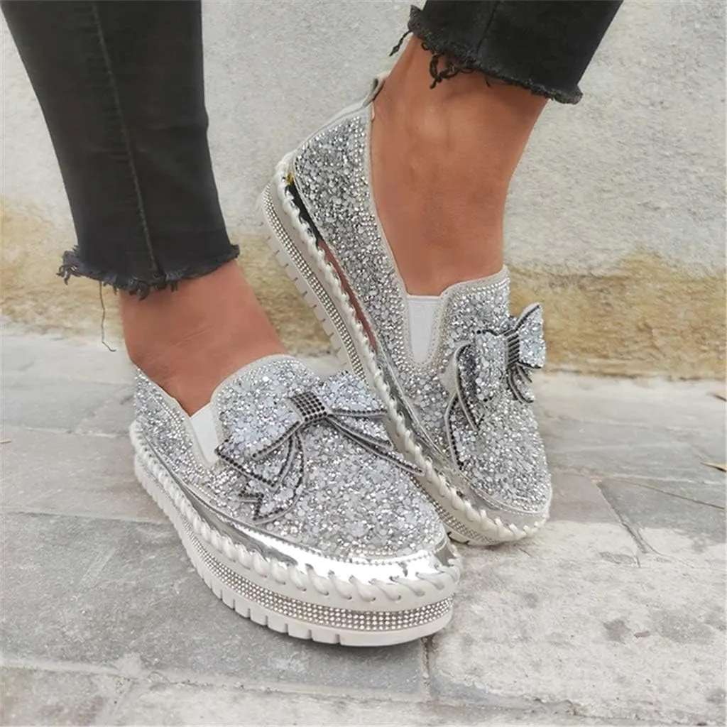 Women Shining Rhinestone Slip-on Loafers with Cute Bowknot