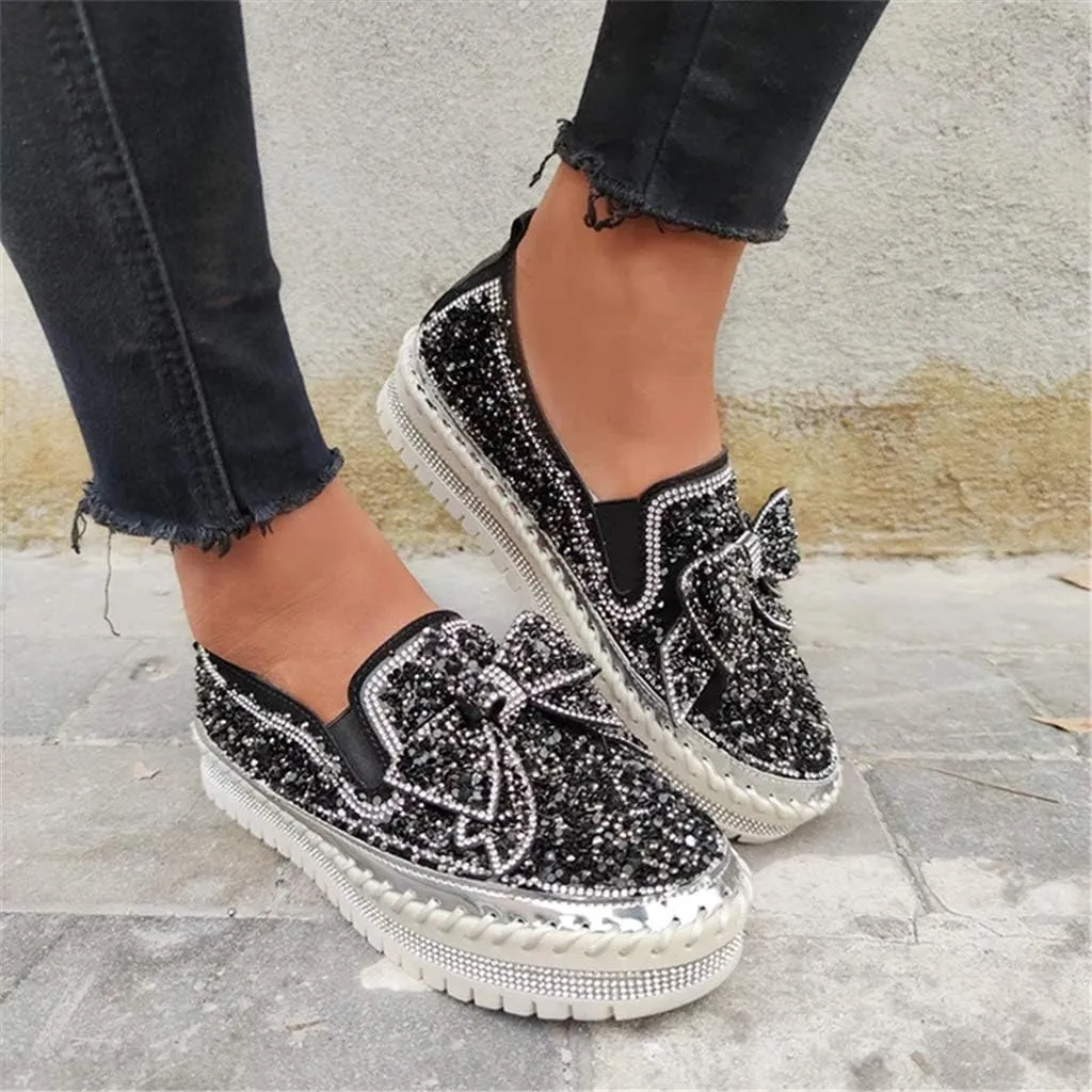 Women Shining Rhinestone Slip-on Loafers with Cute Bowknot