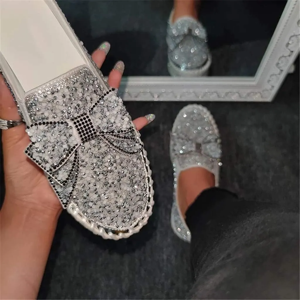 Women Shining Rhinestone Slip-on Loafers with Cute Bowknot
