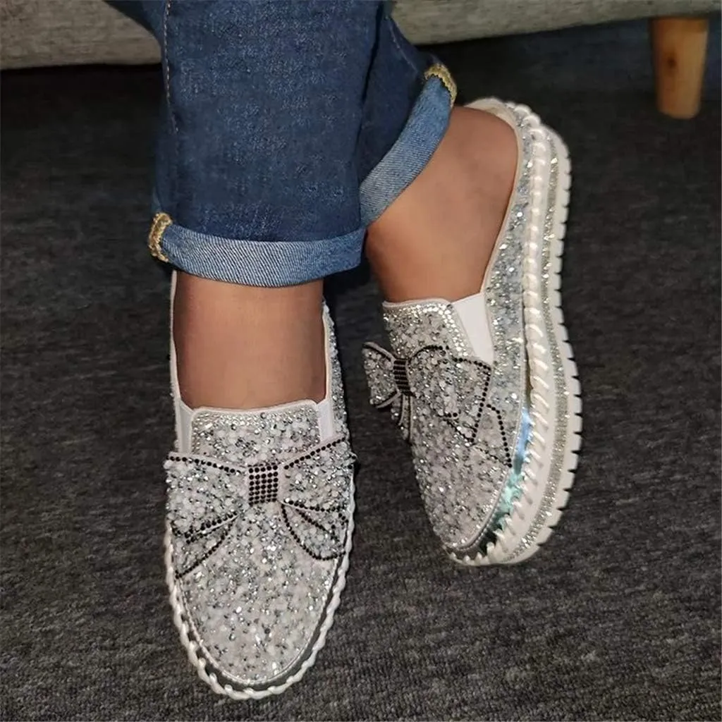 Women Shining Rhinestone Slip-on Loafers with Cute Bowknot