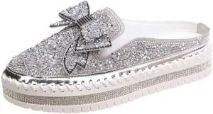 Women Shining Rhinestone Slip-on Loafers with Cute Bowknot