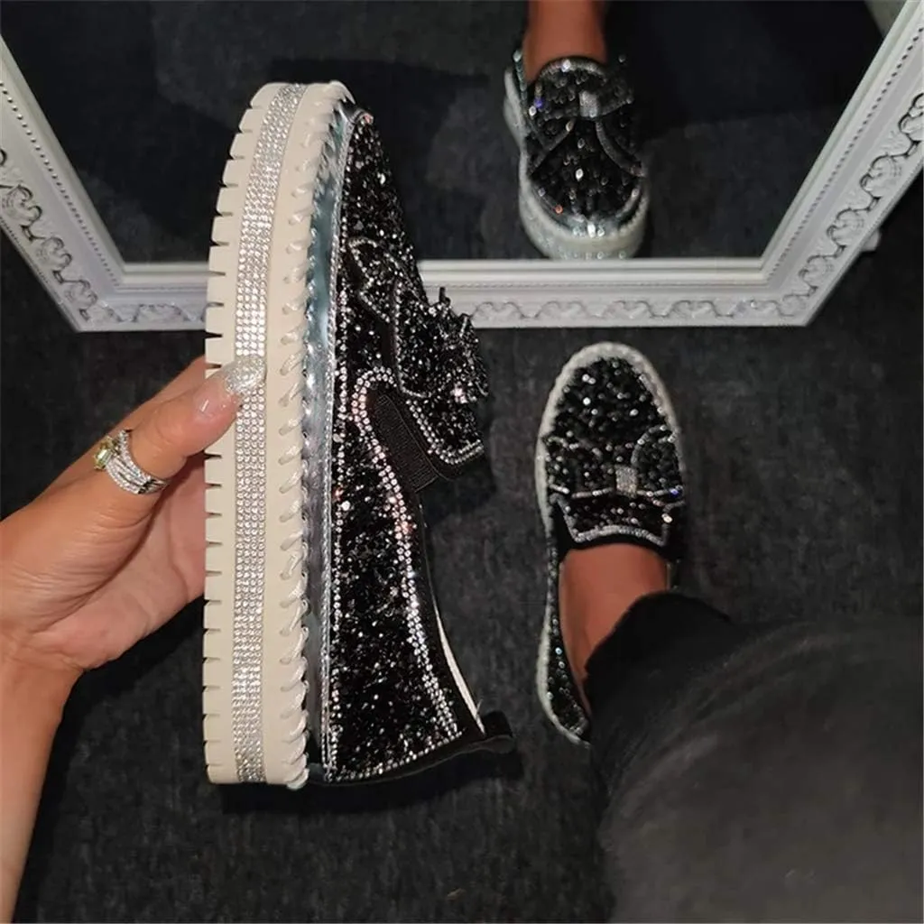 Women Shining Rhinestone Slip-on Loafers with Cute Bowknot