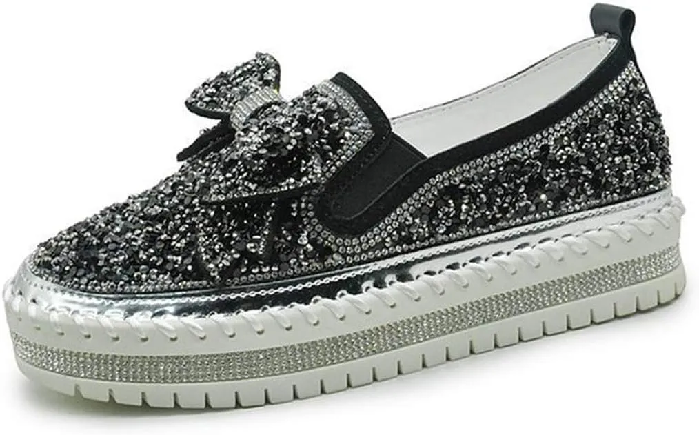 Women Shining Rhinestone Slip-on Loafers with Cute Bowknot