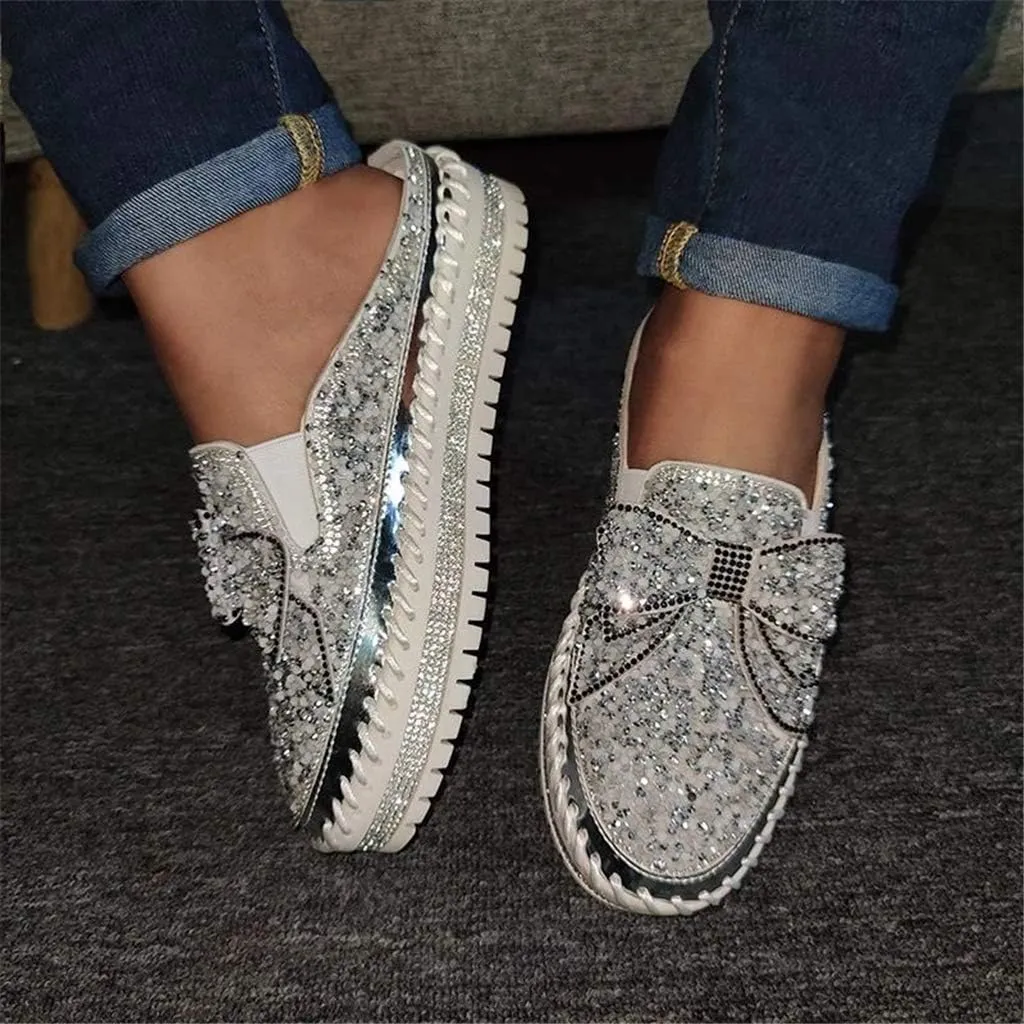 Women Shining Rhinestone Slip-on Loafers with Cute Bowknot