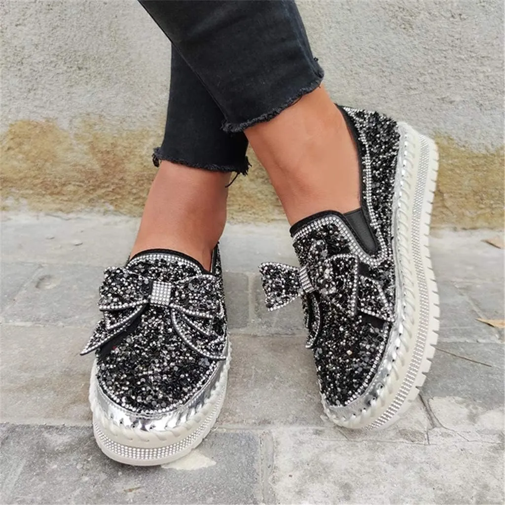 Women Shining Rhinestone Slip-on Loafers with Cute Bowknot
