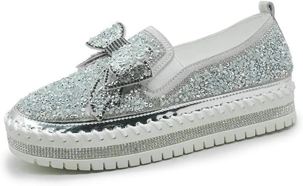 Women Shining Rhinestone Slip-on Loafers with Cute Bowknot
