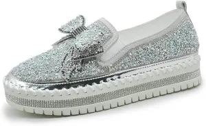 Women Shining Rhinestone Slip-on Loafers with Cute Bowknot