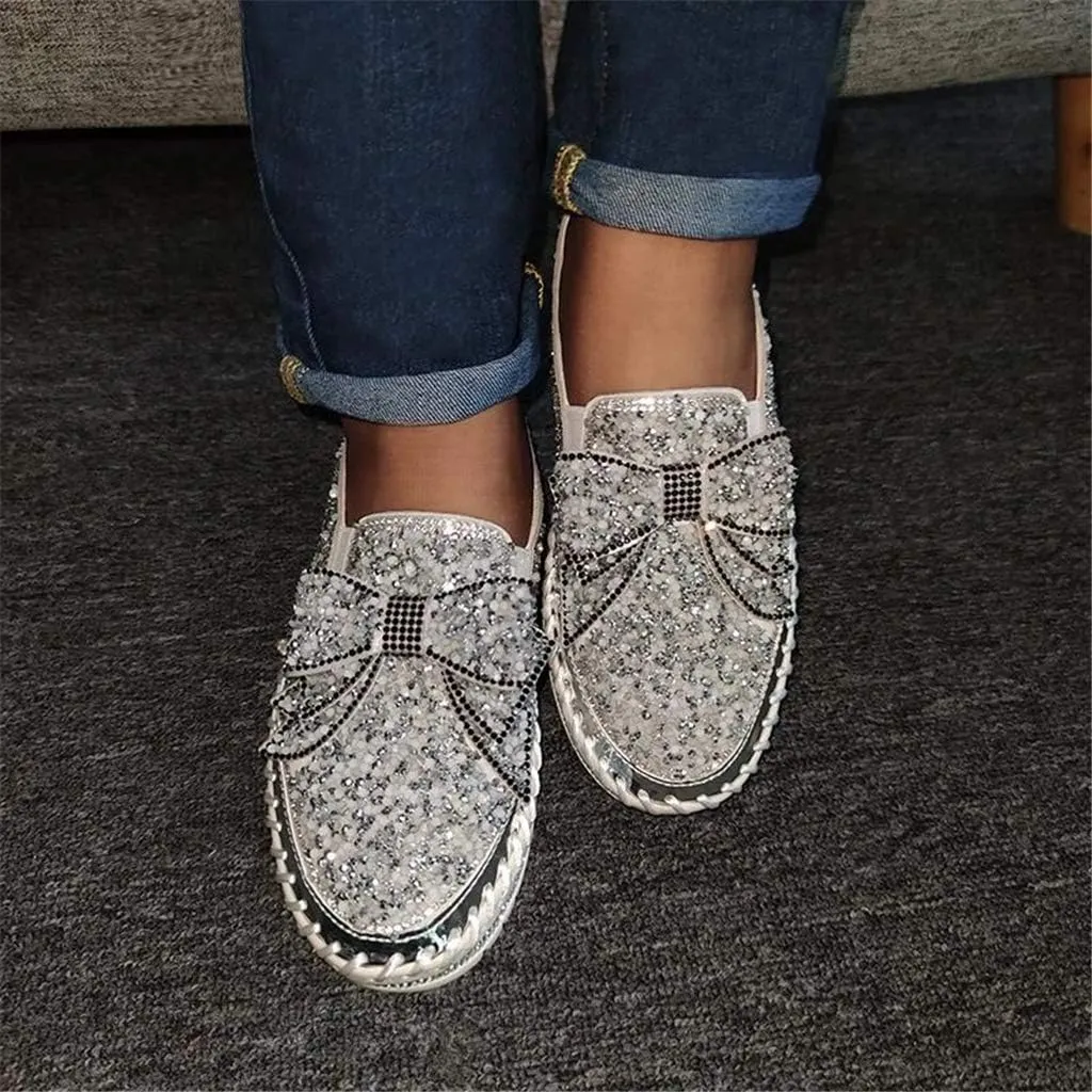 Women Shining Rhinestone Slip-on Loafers with Cute Bowknot