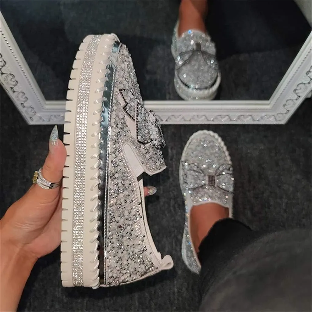 Women Shining Rhinestone Slip-on Loafers with Cute Bowknot