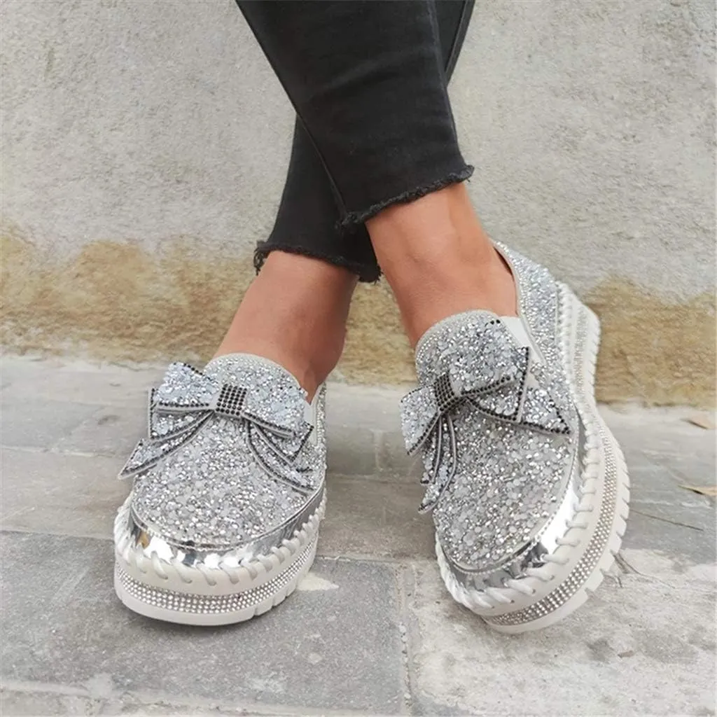 Women Shining Rhinestone Slip-on Loafers with Cute Bowknot