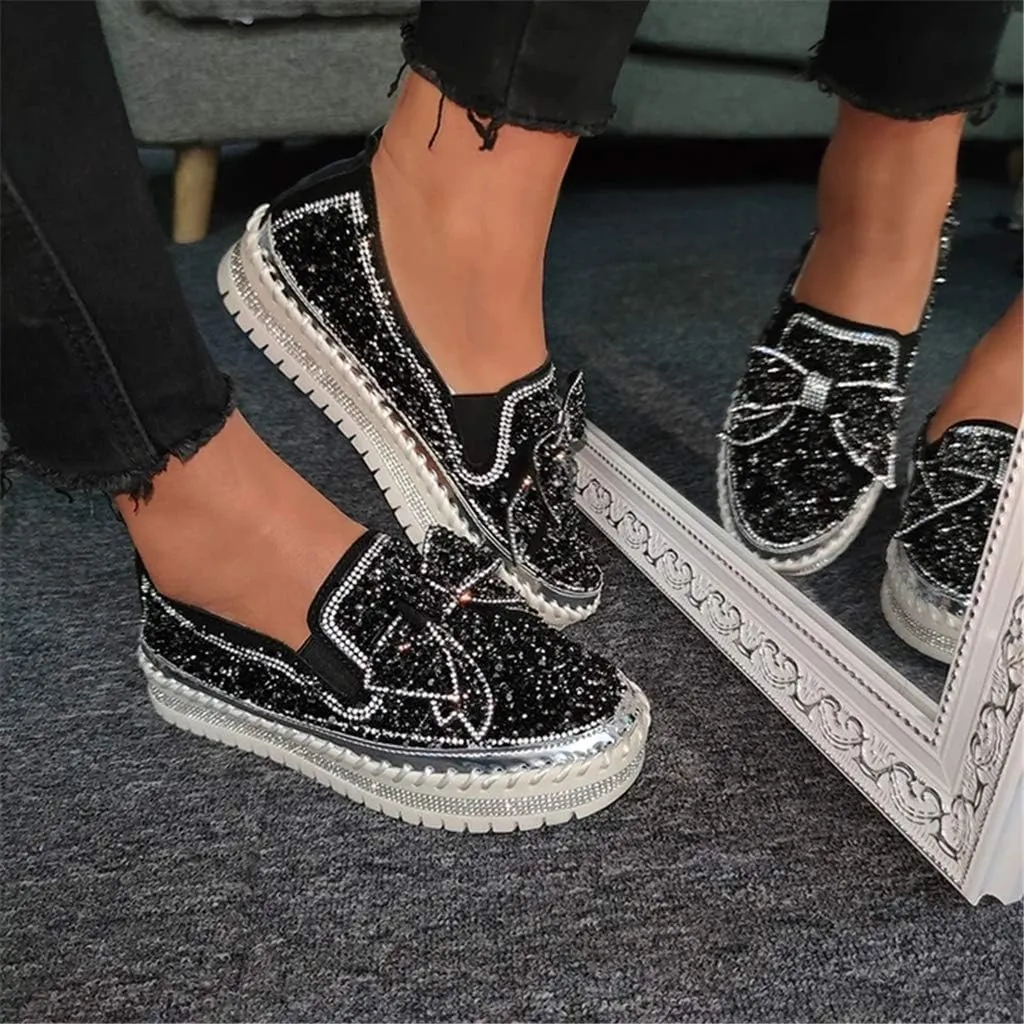Women Shining Rhinestone Slip-on Loafers with Cute Bowknot