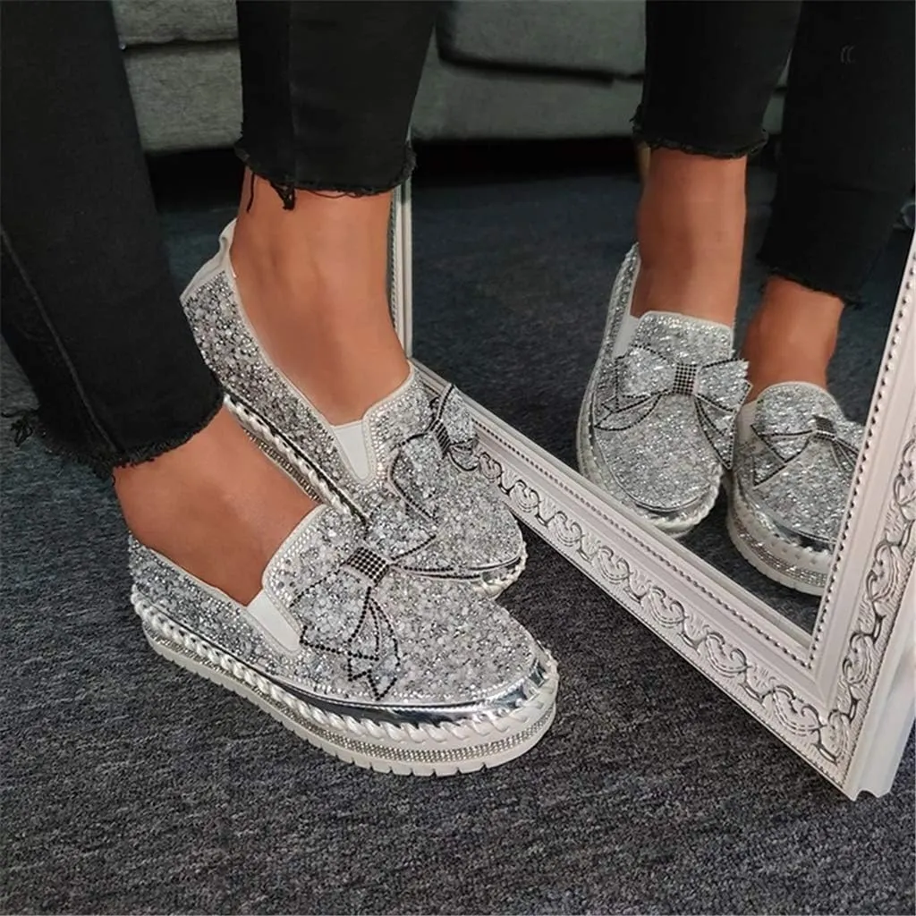 Women Shining Rhinestone Slip-on Loafers with Cute Bowknot