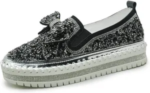 Women Shining Rhinestone Slip-on Loafers with Cute Bowknot