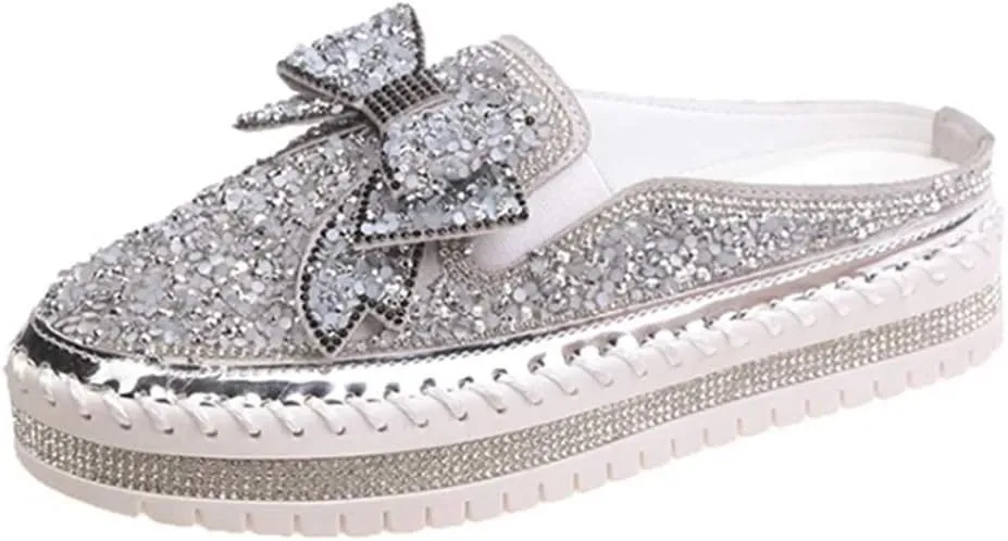 Women Shining Rhinestone Slip-on Loafers with Cute Bowknot