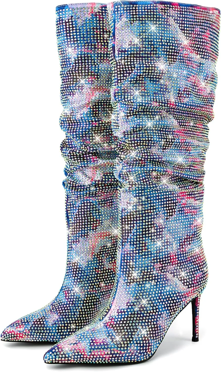 Women Sparkly Rhinestone Knee High Boots,Slouchy Stiletto Heels Boot, Pointed Toe Satin High Boots Pull On